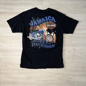 Harley Davidson T-Shirt Jamaica L Black Motorcycle‎ Graphic Print Palm Tree Y2K